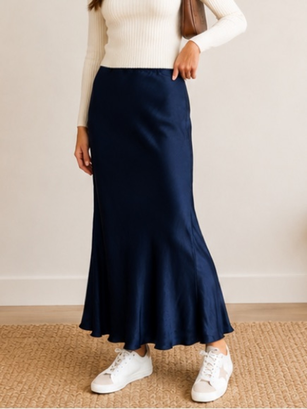 Miss Sugar Navy Blue Satin Midi Skirt
